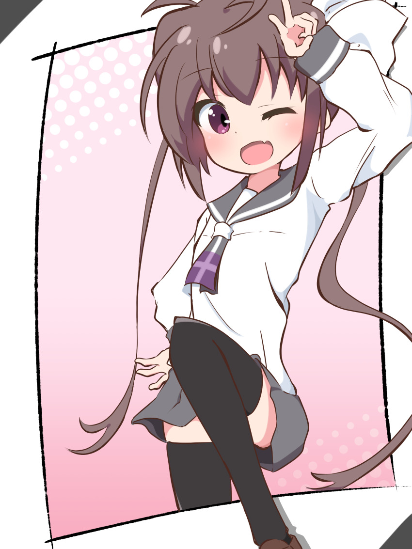 1girl absurdres black_thighhighs blush brown_hair dot_nose fang female_focus skin_fang highres long_hair long_sleeve_shirt momochi_tamate one_eye_closed open_clothes purple_eyes riru school_uniform slow_start solo standing standing_on_one_leg thighhighs twintails v