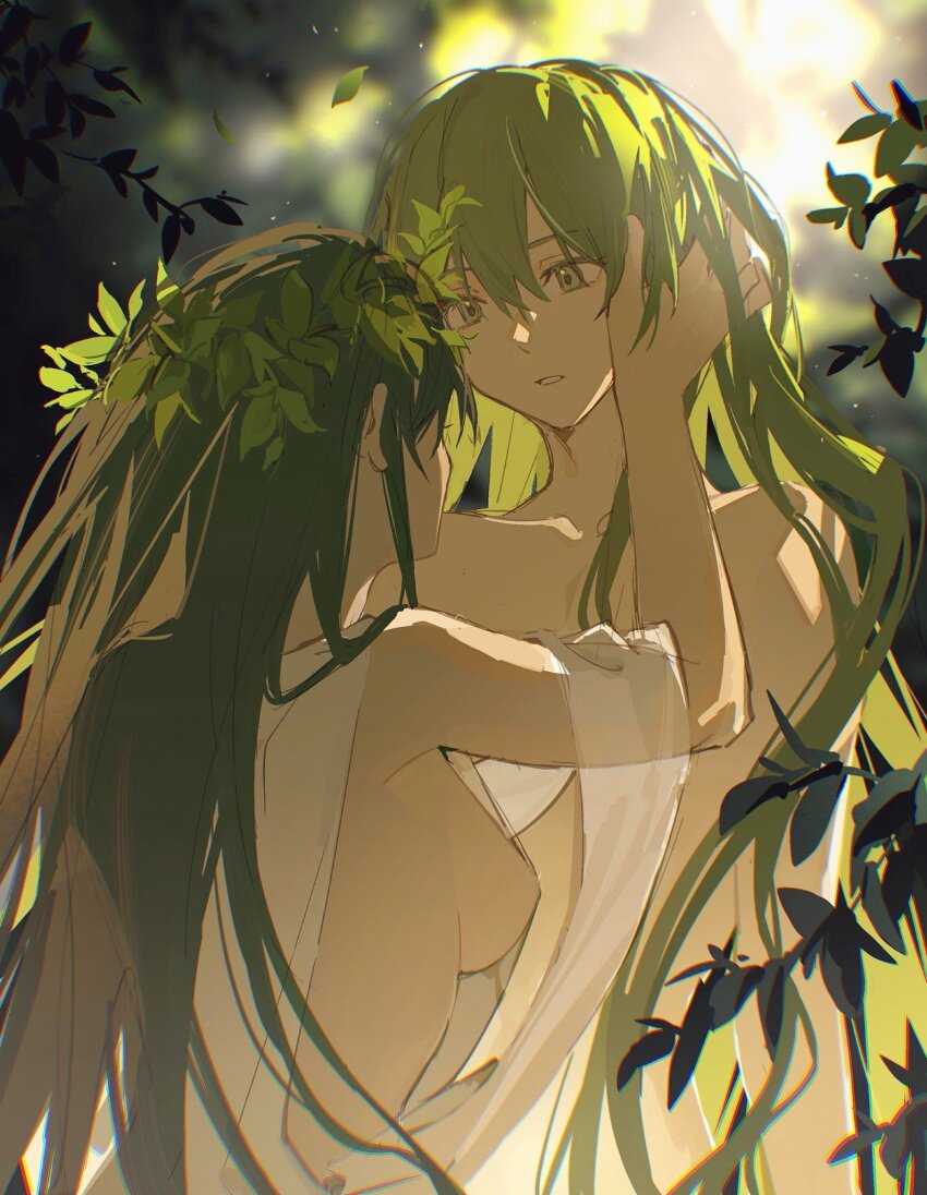 1girl 1other androgynous back branch breasts enkidu_(fate) fate/grand_order fate/strange_fake fate_(series) from_behind green_hair grey_eyes hair_between_eyes hair_ornament hand_in_another&#039;s_hair hand_on_another&#039;s_face highres leaf leaf_hair_ornament long_hair looking_at_another parted_lips robe shamhat_(fate) sideboob sunlight topless_other white_robe yanfenguo_gao