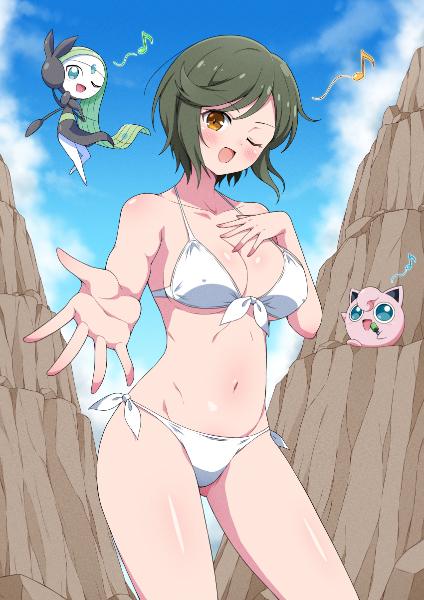 1girl absurdres aqua_eyes bikini blue_sky breasts brown_eyes canyon cleavage cloud collarbone commentary_request commission day eggman_(ni_tamagoex) gen_1_pokemon gen_5_pokemon green_eyes green_hair highres holding holding_microphone jigglypuff large_breasts legendary_pokemon mai_(senran_kagura) medium_breasts meloetta microphone musical_note mythical_pokemon navel nintendo no_feet one_eye_closed open_mouth outdoors outstretched_arm pokemon pokemon_(creature) senran_kagura senran_kagura_estival_versus senran_kagura_shinovi_versus short_hair skeb_commission sky smile spoken_musical_note standing stomach swimsuit underboob white_bikini