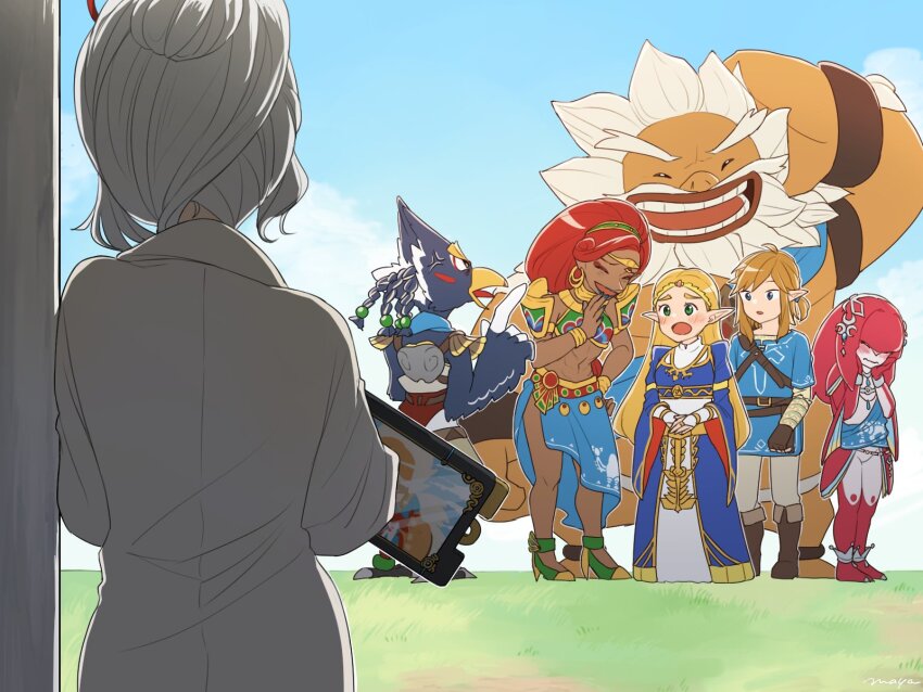 3boys 4girls armor beard belt bird_boy blonde_hair blue_dress blue_skirt blue_sky blue_tunic blush boots bracelet brown_belt brown_footwear brown_gloves champion&#039;s_tunic_(zelda) closed_eyes closed_mouth coat commentary_request dark-skinned_female dark_skin daruk dress earrings facial_hair fingerless_gloves fish_girl from_behind gerudo gloves gold_trim goron gown green_footwear grey_pants hand_on_own_head hand_on_own_hip highres hoop_earrings jewelry laughing layered_sleeves leather_belt link long_dress long_hair long_sleeves looking_at_another maya_(mayamayammy) midriff mipha multiple_boys multiple_girls nintendo open_mouth pants parted_lips pointy_ears ponytail princess princess_zelda purah red_hair revali rito short_over_long_sleeves short_ponytail short_sleeves shoulder_armor shoulder_belt sidelocks skirt sky standing the_legend_of_zelda the_legend_of_zelda:_breath_of_the_wild tunic urbosa wavy_mouth white_coat white_hair zora