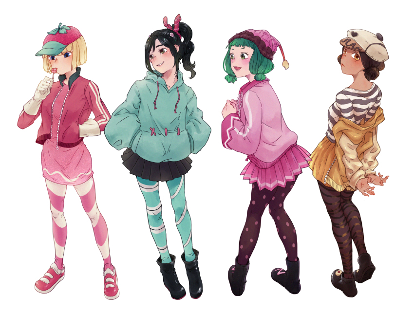 4girls alternate_height baggy_clothes baseball_cap beanie black_footwear black_hair blonde_hair bob_cut boots breasts brown_hair cake_hat candlehead candy candy_hair_ornament crumbelina_di_carmello disney double_bun dress eating food food-themed_hair_ornament from_behind gloves gold_jacket green_hair green_hoodie hair_bun hair_ornament hands_in_pockets hat highres hood hoodie jacket licorice_(food) lollipop looking_at_another low_twintails miniskirt multiple_girls pantyhose pink_dress pink_jacket pink_shoes pleated_skirt polka_dot polka_dot_legwear ponytail removing_jacket shinoharatotsuki shirt shoes short_hair skirt smile stitches straight_hair strawberry_hat striped_clothes striped_legwear striped_pantyhose striped_shirt taffyta_muttonfudge twintails vanellope_von_schweetz wreck-it_ralph