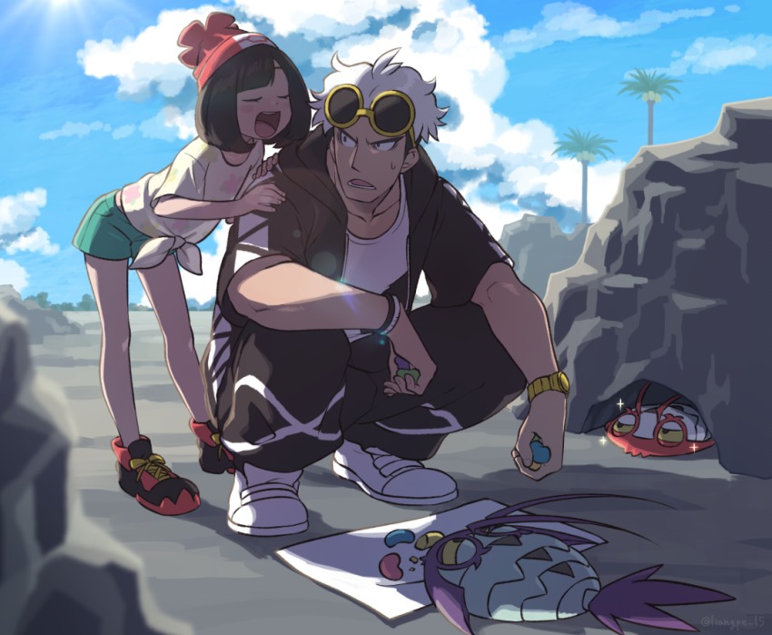 &gt;:o 1boy 1girl :o alolan_exeggutor alolan_form alternate_color bad_id bad_twitter_id bare_legs beanie black_eyes black_hair black_jacket black_pants blue_sky blush brown_hair closed_eyes cloud collarbone colored_sclera day eyewear_on_head feeding food full_body gen_7_pokemon green_shorts guzma_(pokemon) hands_on_another&#039;s_shoulder hat hiding holding holding_food jacket leaning_forward nintendo no_socks open_clothes open_jacket open_mouth outdoors pants pokemon pokemon_(creature) pokemon_sm red_footwear red_headwear rock ryanpei selene_(pokemon) shadow shiny_pokemon shirt shoes short_hair short_sleeves shorts sky sparkle squatting standing sunglasses sunlight sweatdrop team_skull tied_shirt v-shaped_eyebrows watch white_footwear white_hair white_shirt wimpod wristband wristwatch yellow-framed_eyewear yellow_sclera yellow_shirt