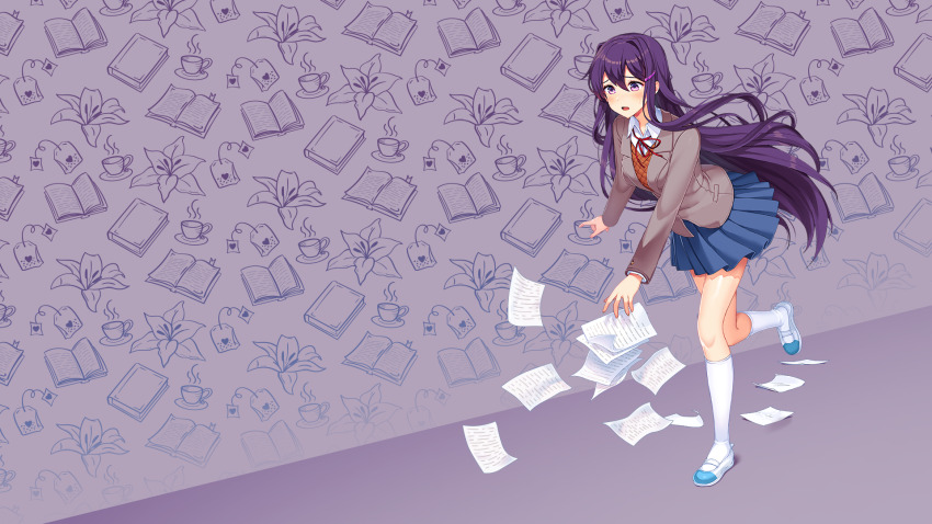 1girl blazer blue_skirt blush book breasts brown_sweater_vest button_gap collared_shirt commentary cup doki_doki_literature_club doki_doki_literature_club_plus doki_doki_literature_club_school_uniform dot_nose double-parted_bangs dress_shirt dropped_object dropping dutch_angle embarrassed english_commentary eyebrows_hidden_by_hair floating_hair flower flustered flying_paper furrowed_brow game_cg grey_jacket hair_between_eyes hair_intakes hair_ornament hairclip highres jacket kneehighs large_breasts leaning_forward long_eyelashes long_hair long_sidelocks long_sleeves lucidsky mary_janes miniskirt neck_ribbon non-web_source official_art official_wallpaper open_book open_mouth outstretched_arms paper plate pleated_skirt purple_background purple_eyes purple_hair raised_inner_eyebrows red_ribbon ribbon satchely school_uniform shirt shoes sidelocks skirt socks solo squchan standing standing_on_one_leg steam sweater_vest tea teabag teacup tripping v-neck very_long_hair white_shirt white_shoes white_socks wing_collar yuri_(doki_doki_literature_club)