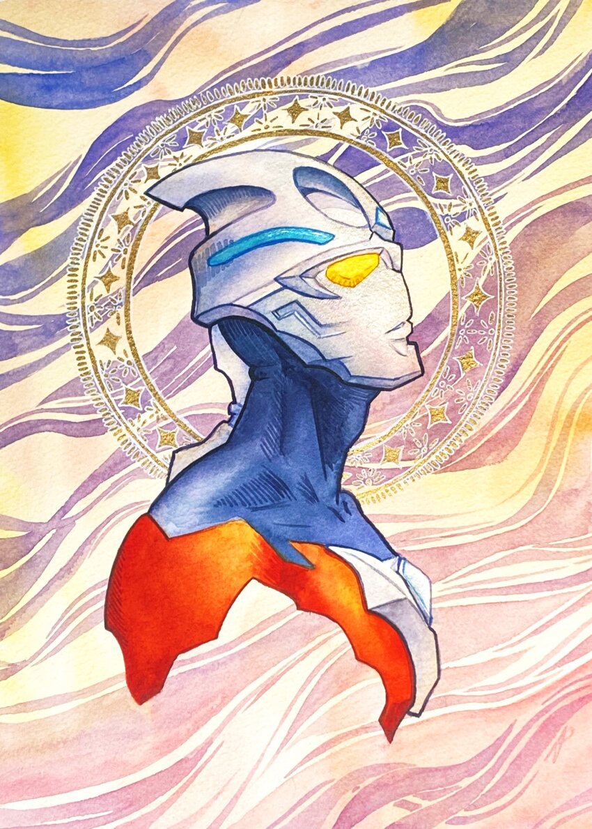 1boy black_skin blue_background color_timer colored_skin commentary cropped_torso english_commentary forehead_jewel highres klenda_v looking_ahead looking_up male_focus multicolored_background multicolored_skin no_pupils ornate_pattern painting_(medium) red_skin silver_skin solo tokusatsu traditional_media ultra_series ultraman_arc ultraman_arc_(series) watercolor_(medium) yellow_background yellow_eyes