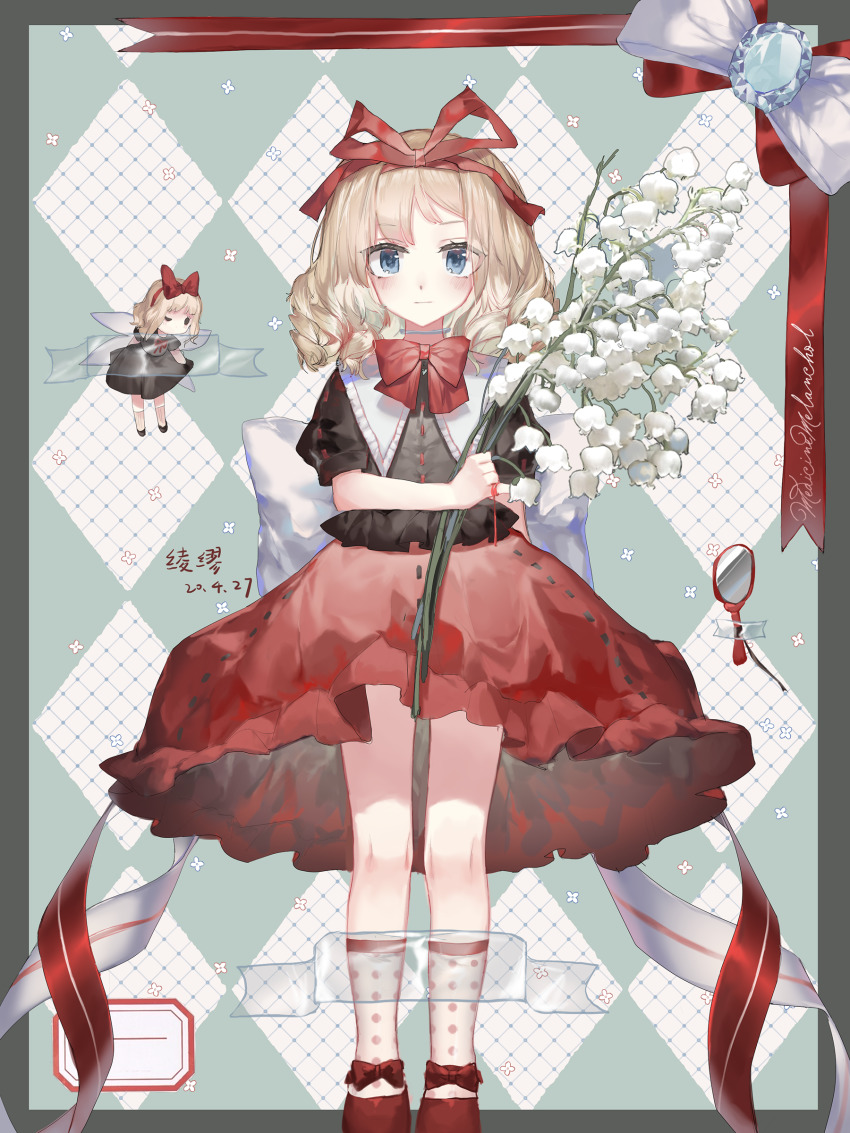 2girls absurdres ankle_ribbon aqua_background argyle_background argyle_clothes arm_behind_back arm_up artist_name black_border black_shirt blonde_hair blouse blue_eyes border bow bowtie broken_string character_name commentary commentary_request dated display expressionless fairy_wings flower hair_ribbon highres holding holding_flower leg_ribbon lily_of_the_valley ling_mou looking_at_viewer medicine_melancholy mini_person minigirl mirror multiple_girls polka_dot polka_dot_legwear puffy_short_sleeves puffy_sleeves red_footwear red_neckwear red_skirt ribbon shirt short_hair short_sleeves skirt string string_of_fate su-san swept_bangs symbol-only_commentary tape touhou two-tone_background white_background wings