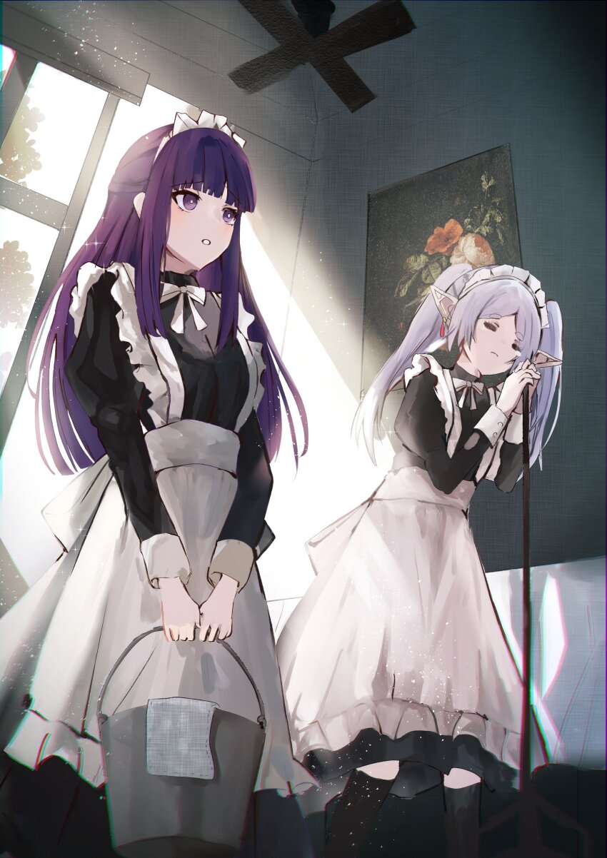 2girls absurdres apron black_dress blunt_bangs bucket closed_eyes commentary_request dress elf fern_(sousou_no_frieren) frieren grey_hair highres holding holding_bucket indoors kisaragimion light_particles light_rays long_hair long_sleeves looking_to_the_side maid maid_apron maid_headdress multiple_girls own_hands_together pointy_ears puffy_long_sleeves puffy_sleeves purple_eyes purple_hair sousou_no_frieren standing twintails white_apron