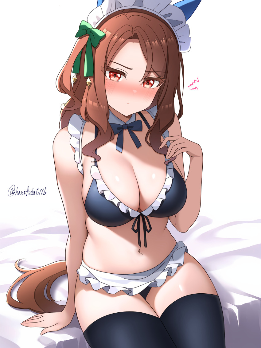 1girl absurdres animal_ears arm_at_side bikini bikini_skirt black_bikini black_gloves black_thighhighs blue_bow blue_bowtie blush bow bowtie breasts brown_hair cleavage closed_mouth collar colored_eyelashes commentary_request cowboy_shot detached_collar elbow_gloves embarrassed eyelashes frilled_bikini frilled_skirt frills front-tie_bikini_top front-tie_top gloves green_bow green_ribbon hair_bow hair_ribbon hanafuda_(hanafuda0116) hand_up highres horse_girl horse_tail king_halo_(umamusume) large_breasts legs_together long_hair looking_at_viewer maid maid_bikini maid_headdress navel nose_blush on_bed one_side_up parted_bangs red_eyes ribbon sidelocks sitting skirt solo swimsuit tail thighhighs twitter_username umamusume unconventional_maid v-shaped_eyebrows wavy_hair white_collar white_skirt