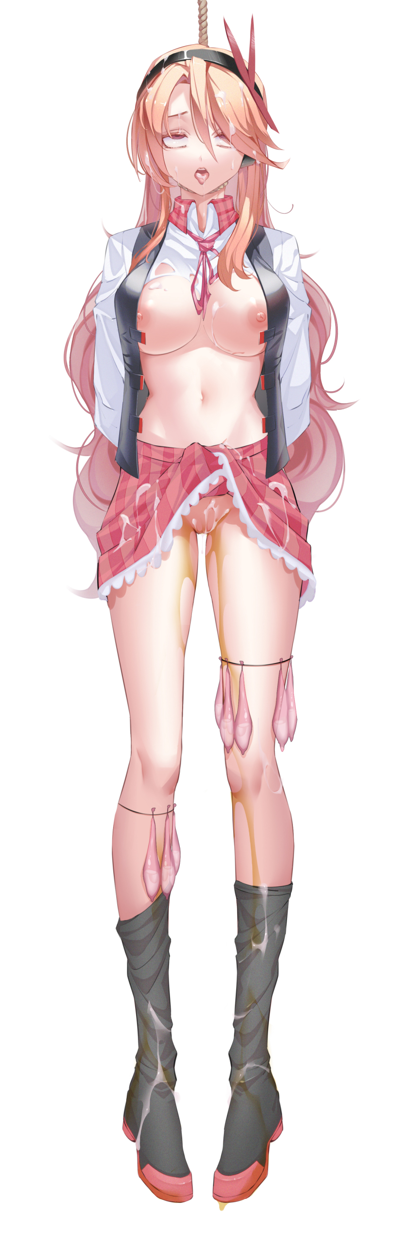 1girl absurdres aftersex ahegao akame_ga_kill! arms_behind_back artist_request asphyxiation bdsm blonde_hair boots breasts brown_hair censored chelsea_(akame_ga_kill!) clothes_lift condom condom_belt corpse cum cum_in_pussy cum_on_body cum_on_breasts cum_on_clothes cum_on_upper_body cumdrip death erotic_asphyxiation facing_viewer female_focus functionally_nude hanged hanging highres large_breasts lips long_hair nipples no_bra open_clothes open_mouth peeing peril pussy pussy_juice restrained rolling_eyes rope saliva skirt skirt_lift solo tagme tears teeth thighs tongue tongue_out torn_clothes upper_teeth_only urinating_female used_condom used_condoms