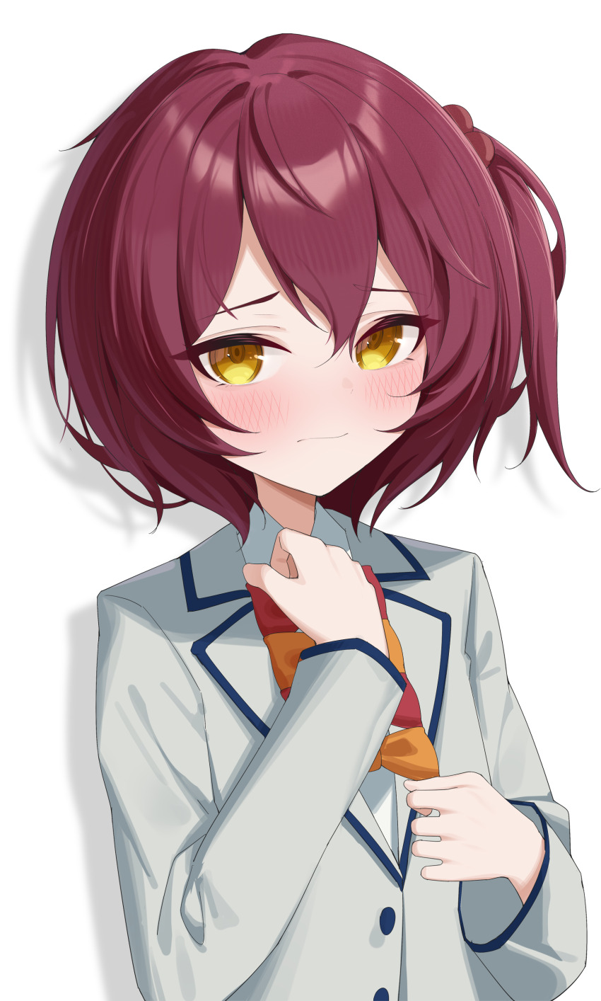 1girl absurdres bow bowtie closed_mouth highres jacket jei_(user_tckk7448) komari_chika long_sleeves looking_at_viewer make_heroine_ga_oo_sugiru! orange_bow orange_bowtie red_bow red_bowtie red_hair school_uniform shadow shirt simple_background solo tsuwabuki_high_school_uniform upper_body white_background white_jacket white_shirt yellow_eyes