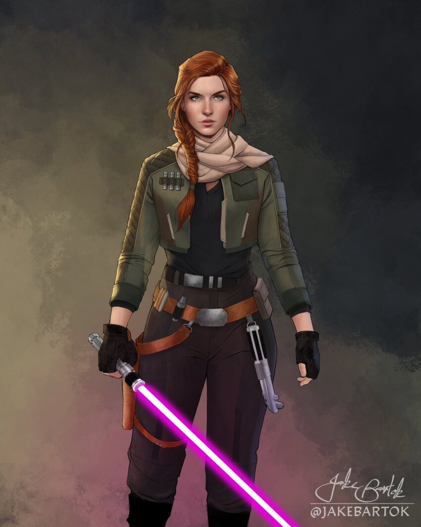 1girl artist_name belt black_gloves black_pants black_shirt braid braided_ponytail brown_belt brown_hair cropped_jacket energy_sword fingerless_gloves gloves gradient_background green_eyes green_jacket grey_background highres holding holding_sword holding_weapon jacket jr_bartok lightsaber long_hair looking_at_viewer open_clothes open_jacket pants purple_lightsaber scarf shirt signature solo standing star_wars sword weapon white_scarf