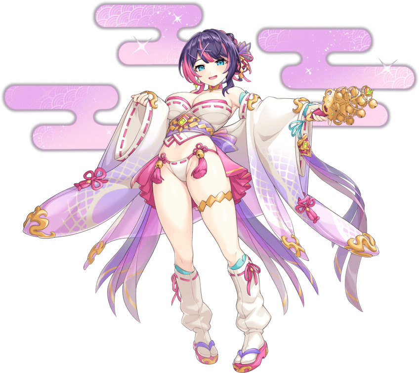 1girl andromeda_(legend_clover) artist_request bare_shoulders bell blue_eyes breasts cleavage earrings full_body game_cg groin highres holding japanese_clothes jewelry jingle_bell kagura_suzu legend_clover multicolored_hair navel official_alternate_costume official_art open_mouth panties pink_hair purple_hair sandals socks solo star_(symbol) star_earrings thigh_strap third-party_source transparent_background underwear white_panties