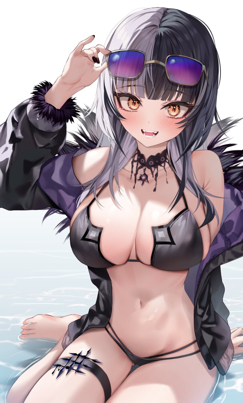 1girl absurdres adapted_costume bikini black_bikini black_choker black_hair black_nails breasts choker cleavage coat eyewear_on_head fangs fur-trimmed_coat fur_trim grey_hair highres hololive hololive_english in_water lace lace_choker large_breasts long_hair looking_at_viewer multicolored_hair navel off_shoulder open_clothes open_coat open_mouth shiori_novella shiori_novella_(1st_costume) shuvi_(shuvi1125) simple_background sitting smile solo split-color_hair stomach sunglasses swimsuit thigh_strap two-tone_hair virtual_youtuber wariza white_background yellow_eyes