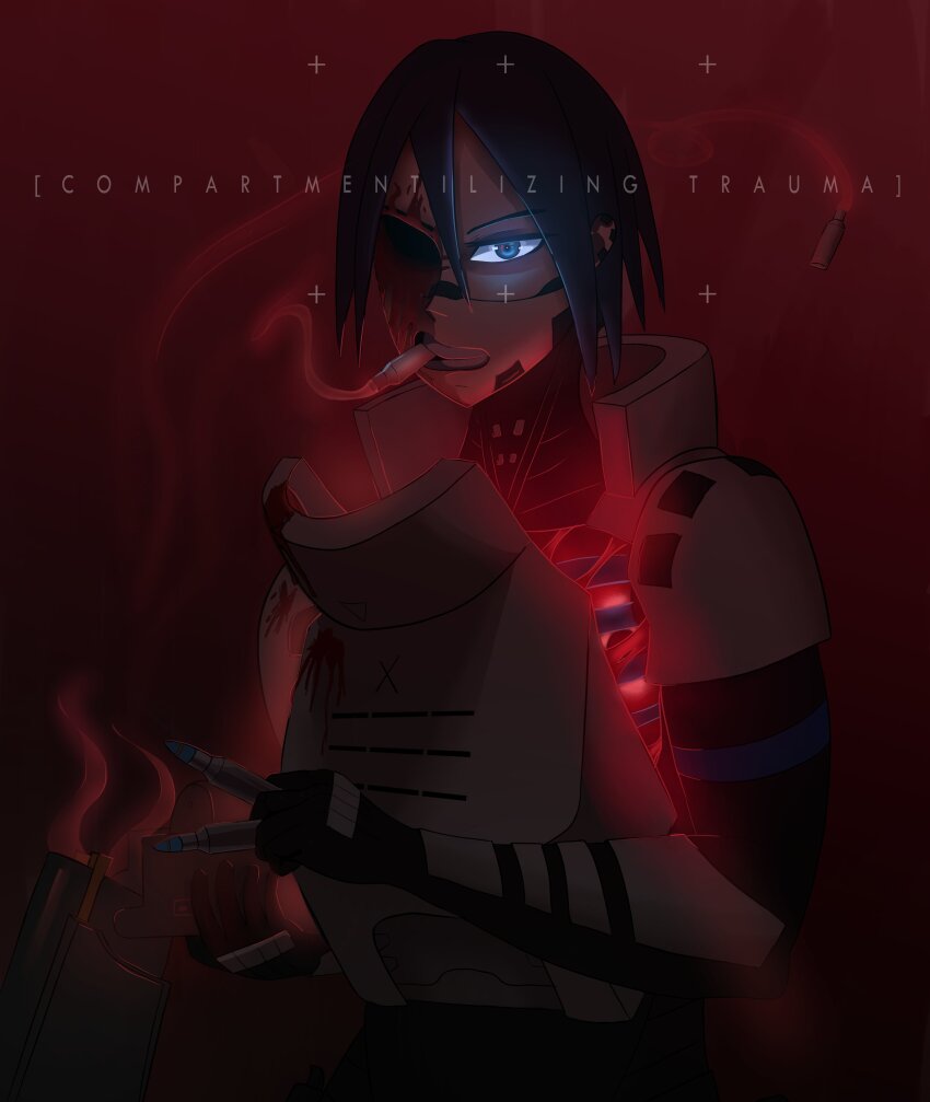 1girl absurdres android armor black_hair blood blood_on_face blue_eyes bullet disembodied_eye double-barreled_rifle elster_(signalis) english_text exposed_bone highres img42eyou one-eyed red_eyes reloading shell_casing short_hair signalis smoke smoke_trail solo