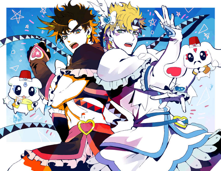 bad_id bad_pixiv_id black_hair blonde_hair brown_hair caesar_anthonio_zeppeli cosplay crossdressing cure_black cure_black_(cosplay) cure_white cure_white_(cosplay) earrings facial_mark feather_hair_ornament feathers fingerless_gloves fusion futari_wa_precure gloves hair_ornament highres jewelry jojo_no_kimyou_na_bouken joseph_joestar joseph_joestar_(young) lace lace-trimmed_gloves lace_trim loggins_(jojo) mepple messina_(jojo) midriff mipple nigelungdayo precure triangular_headpiece