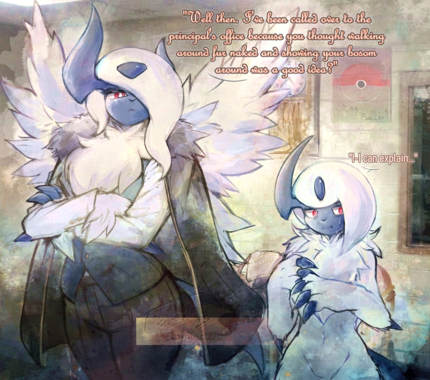 1boy 1girl :&lt; absol adversarial_noise androgynous animal_hands animal_nose artist_name asymmetrical_hair asymmetrical_horns averting_eyes black_pants blue_horns blue_skin blue_vest body_fur bright_pupils claws clock colored_skin completely_nude cowboy_shot crossed_arms dated english_text fang feathered_wings fur_collar furry furry_female furry_male gen_3_pokemon groin hair_over_one_eye hands_up highres horns indoors long_hair long_sleeves looking_at_another looking_to_the_side mega_absol mega_pokemon mother_and_son navel neck_fur nervous_sweating nintendo nude one_eye_covered open_mouth own_hands_together pants personification poke_ball_symbol pokemon pokemon_(creature) red_eyes shirt short_hair sidelocks signature single_horn standing stomach sweat tail talking thwillartz trap twitter_username vest white_fur white_hair white_pupils white_shirt white_wings wings