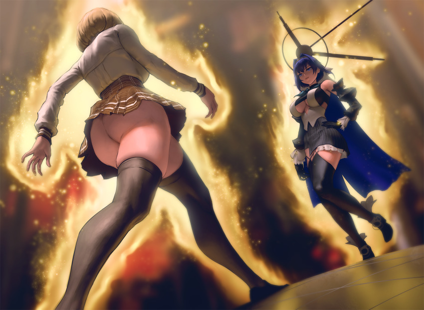 2girls ass aura black_skirt black_thighhighs blonde_hair blouse blue_eyes blue_hair breasts cape chain chain_headband cleavage_cutout clothing_cutout detached_sleeves frilled_skirt frills hair_intakes halo hololive hololive_english infi jojo_no_kimyou_na_bouken large_breasts long_sleeves looking_at_another mechanical_halo meme multiple_girls no_panties oh?_you&#039;re_approaching_me?_(meme) ouro_kronii ouro_kronii_(1st_costume) parody plaid_clothes plaid_skirt power_connection shirt short_hair skirt sleeveless sleeveless_shirt stardust_crusaders thighhighs upskirt virtual_youtuber walking watson_amelia white_shirt