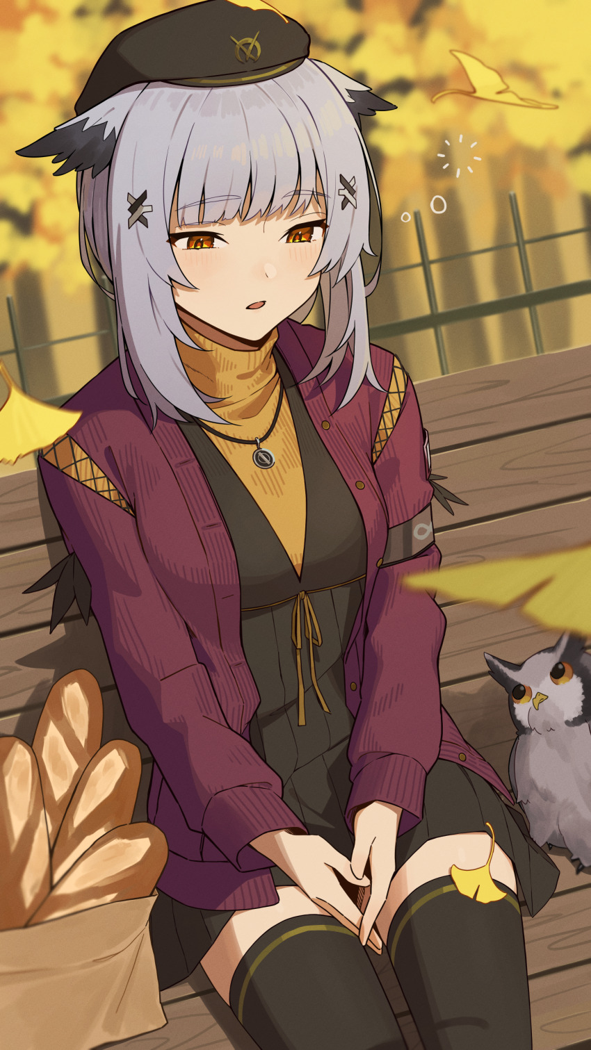 1girl absurdres arknights bag baguette bench beret black_dress black_hat black_thighhighs bread commentary dress food grey_hair hat highres jacket long_sleeves official_alternate_costume open_clothes open_jacket parted_lips ptilopsis_(arknights) ptilopsis_(serenity)_(arknights) purple_jacket short_dress short_hair shoujo_l sitting solo thighhighs