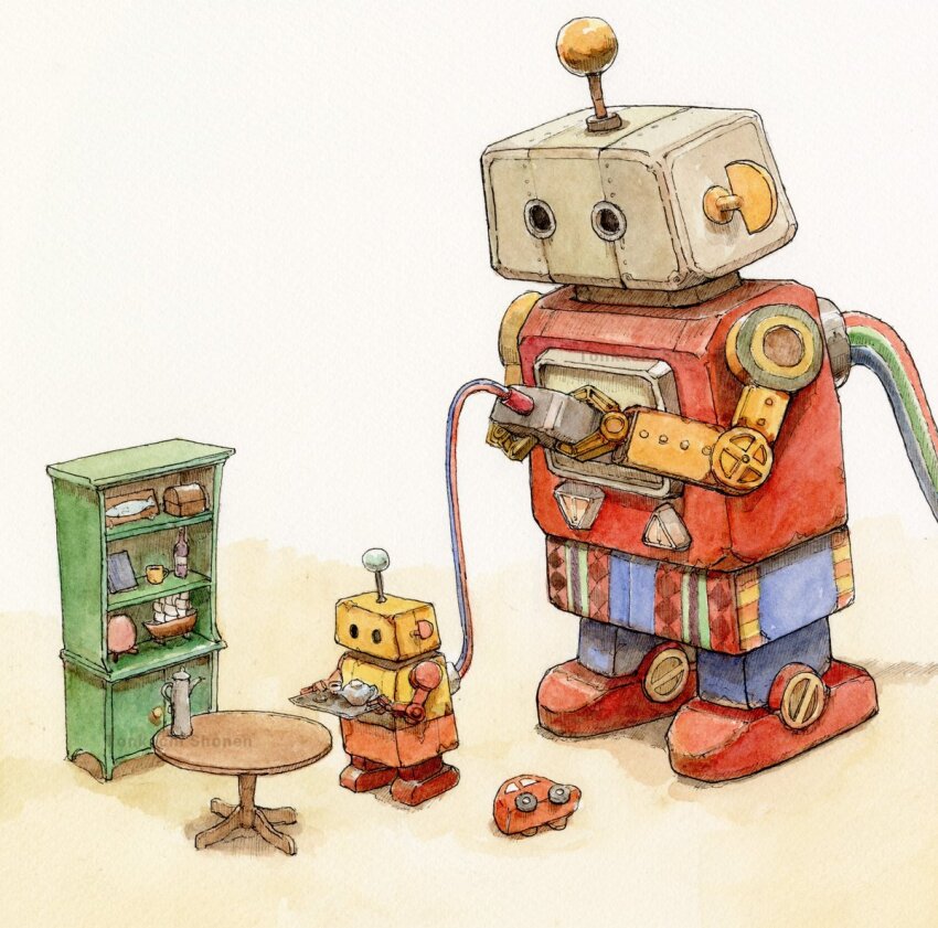 ._. artist_name ballpoint_pen_(medium) cable controller holding holding_tray mechanical_arms mechanical_legs model_ship no_humans original painting_(medium) pen_(medium) robot simple_background tagme teapot toy_car traditional_media tray tsuboi_hajime watercolor_(medium)