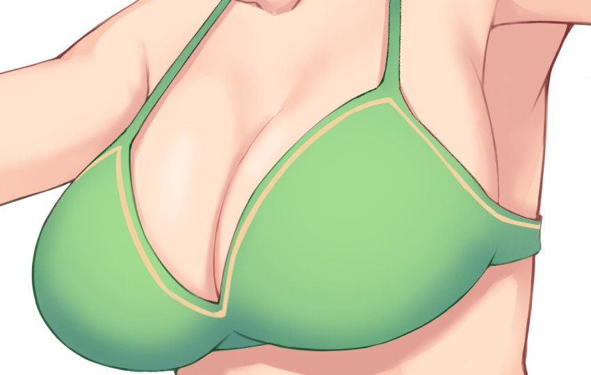 1girl armpits bikini breasts cleavage close-up green_bikini masou nichijou shadow swimsuit weboshii white_background