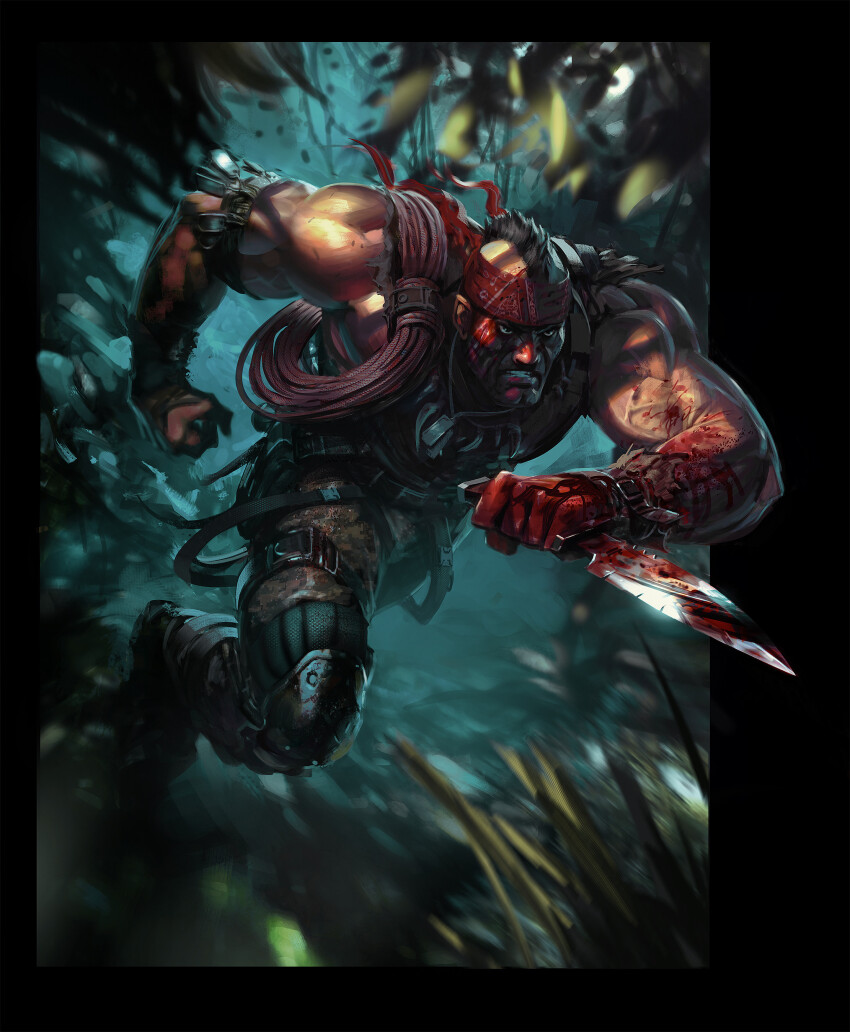 1boy absurdres blood blood_on_face blood_on_hands bloody_weapon bracer clenched_hand clenched_teeth daryl_mandryk dog_tags forest headband highres holding holding_knife joseph_turok knee_pads knife male_focus mohawk muscular muscular_male nature outdoors red_headband rope running solo teeth thigh_strap turok weapon