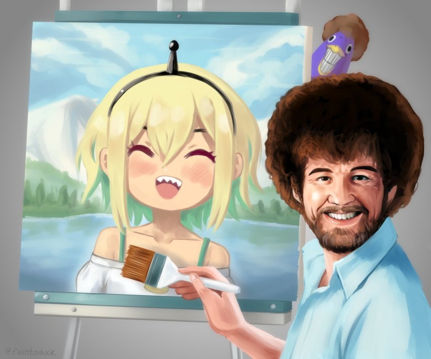1boy :d ^_^ afro amano_pikamee animal bare_shoulders beard bird black_hairband blonde_hair blouse blue_shirt bob_ross brown_hair closed_eyes collarbone collared_shirt commentary crossover easel english_commentary facial_hair green_hair grey_background grin gyari_(bird) hair_between_eyes hairband highres holding holding_paintbrush multicolored_hair mustache off-shoulder_shirt off_shoulder open_mouth paintbrush painting_(object) parody ramiigotcha real_life realistic sharp_teeth shirt smile solo_focus teeth the_joy_of_painting twitter_username two-tone_hair virtual_youtuber voms white_shirt