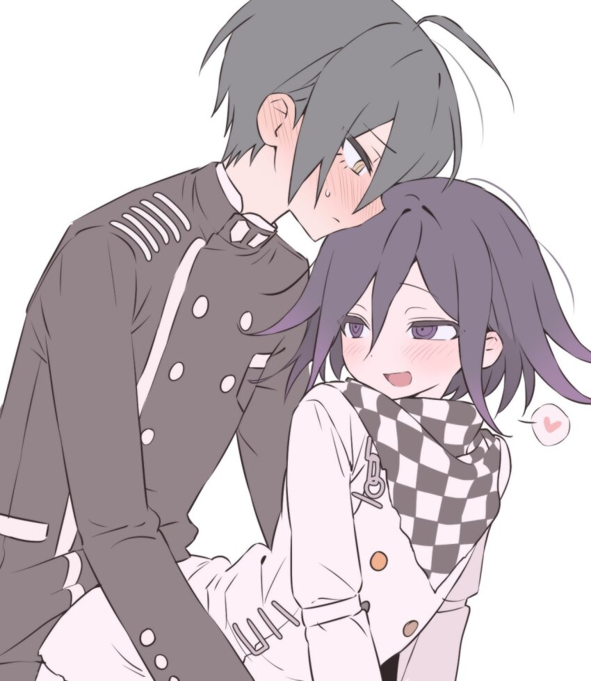 2boys :d ahoge black_jacket blush brown_eyes buttons checkered_neckerchief danganronpa_(series) danganronpa_v3:_killing_harmony double-breasted dry_humping heart highres humping jacket kishu11037 long_sleeves male_focus multiple_boys neckerchief oma_kokichi open_mouth profile purple_eyes saihara_shuichi short_hair simple_background smile spoken_heart white_background white_jacket yaoi