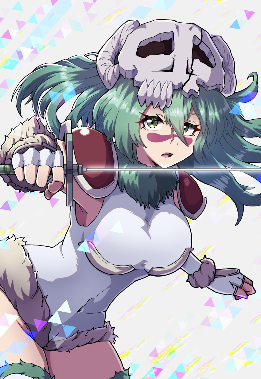 1girl absurdres alternate_eye_color armor arrancar artist_request bleach bleach:_sennen_kessen-hen breasts facial_mark female_focus green_eyes green_hair highres holding holding_sword holding_weapon leotard long_hair mask mask_on_head medium_breasts nelliel_tu_odelschwanck open_mouth scar scar_on_face shoulder_armor skull_on_head sword thighhighs weapon white_thighhighs
