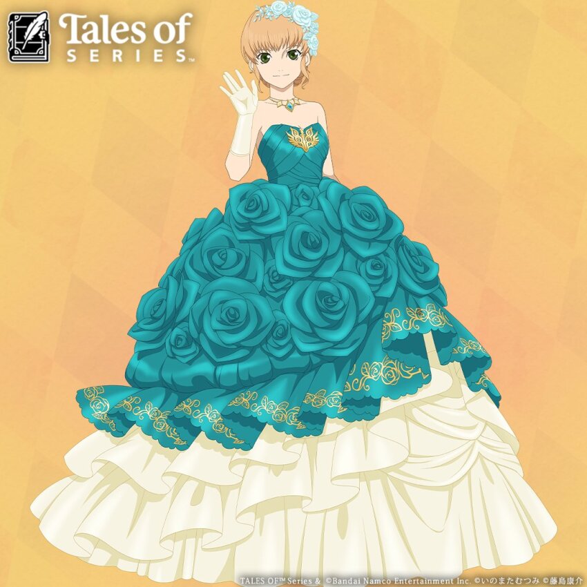 1girl bare_shoulders blonde_hair blue_dress blue_flower blue_rose blunt_bangs closed_mouth collarbone commentary_request copyright_notice dress dress_flower flower flower_dress frilled_dress frills full_body gloves green_eyes hair_flower hair_ornament hand_up jewelry looking_at_viewer natalia_luzu_kimlasca_lanvaldear necklace official_alternate_costume official_alternate_hairstyle official_art rose smile solo strapless strapless_dress tales_of_(series) tales_of_the_abyss waving wedding_dress white_gloves