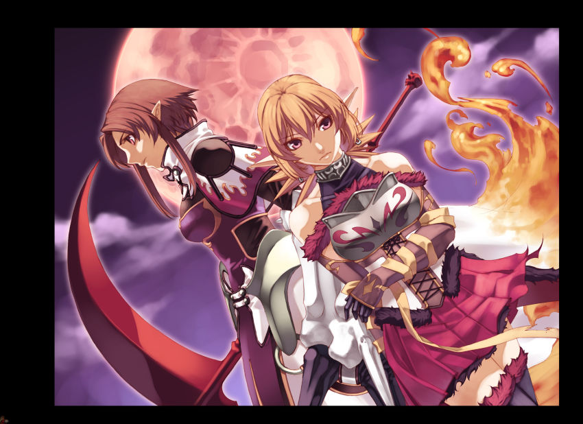 2girls absurdres armor armored_dress blonde_hair brown_hair dress fire gloves highres hirano_katsuyuki hiro_(spectral_force) moon multiple_girls official_art purple_background roze roze_(spectral_souls) scythe shawl sidelocks skirt spectral_(series) spectral_force spectral_souls spectral_vs_generation thighhighs
