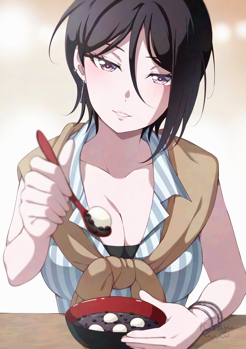 1girl alternate_costume bang_dream! black_hair bracelet breasts collarbone food highres holding holding_spoon jewelry kitayu large_breasts plate pov short_hair simple_background sitting smile solo spoon yashio_rui