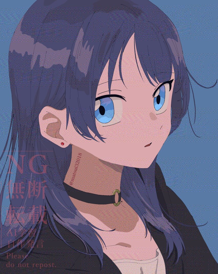 1girl black_jacket blue_background blue_eyes blue_hair collarbone cosplay earrings highres hood hooded_jacket jacket jewelry link!_like!_love_live! long_hair looking_at_viewer love_live! matsui_ibuki mole mole_on_neck murano_sayaka open_clothes open_jacket parted_lips portrait shirt simple_background solo stud_earrings twitter_username virtual_youtuber watermark watermark_grid white_shirt yugiri_tsuzuri yugiri_tsuzuri_(cosplay) yugiri_tsuzuri_(summer_loungewear)