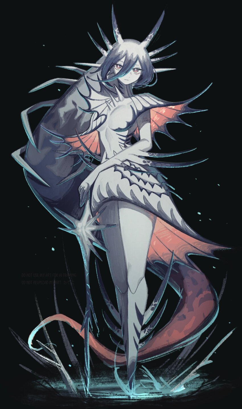 1girl black_background commentary full_body hair_between_eyes highres looking_at_viewer monster_girl original personification ruteko_(ruko220) sea_snail seashell shell simple_background solo spikes symbol-only_commentary