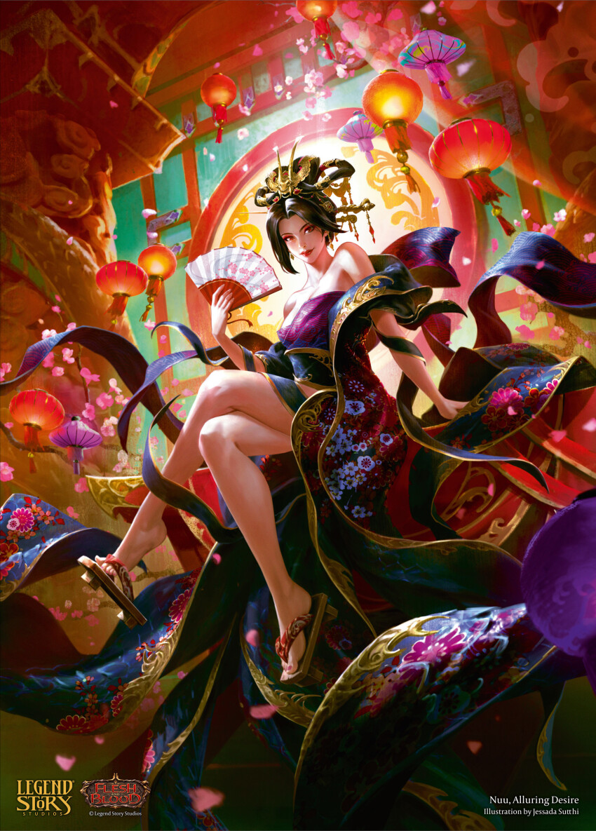 1girl absurdres architecture artist_name bare_shoulders black_hair breasts company_name copyright_name crossed_legs dragon_hair_ornament dress earrings east_asian_architecture facing_viewer fanning_self feet flesh_and_blood floral_print floral_print_dress full_body geta hair_ornament hand_fan highres holding jessada_sutthi jewelry lantern legs looking_at_viewer nuu_(flesh_and_blood) official_art paper_lantern print_dress red_eyes sandals short_hair sitting solo toenails toes