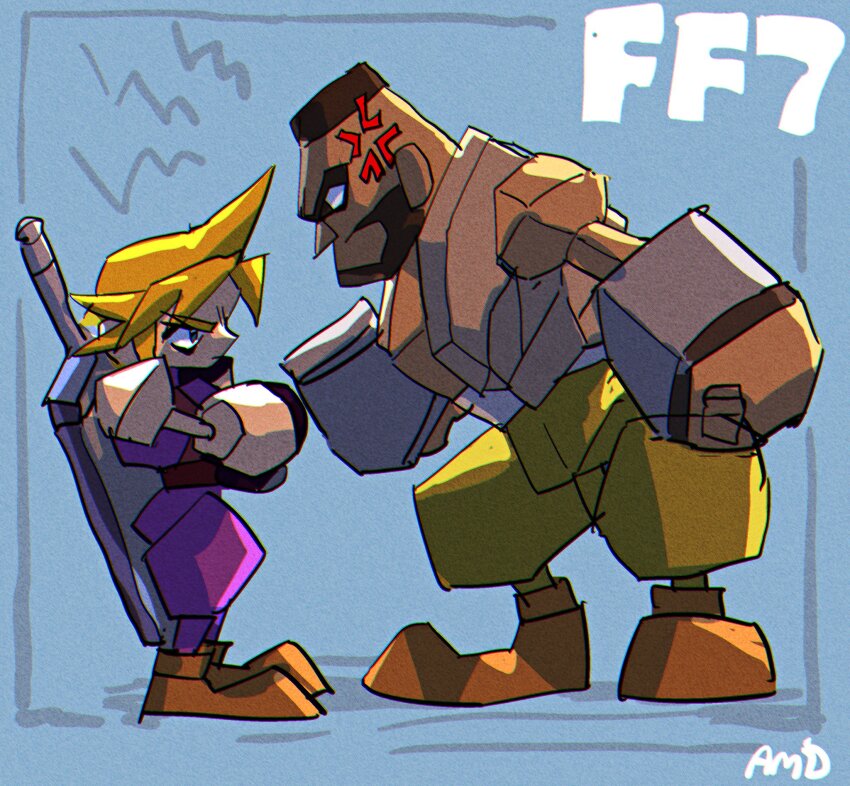 2boys amu_(omoro3bot) anger_vein barret_wallace beard belt black_hair blonde_hair blue_background boots brown_belt brown_footwear brown_vest buster_sword cloud_strife crossed_arms dark-skinned_male dark_skin facial_hair final_fantasy final_fantasy_vii full_body furrowed_brow green_pants highres low_poly male_focus multiple_boys pants prosthetic_weapon purple_pants purple_shirt shirt short_hair spiked_hair suspenders very_short_hair vest weapon weapon_on_back