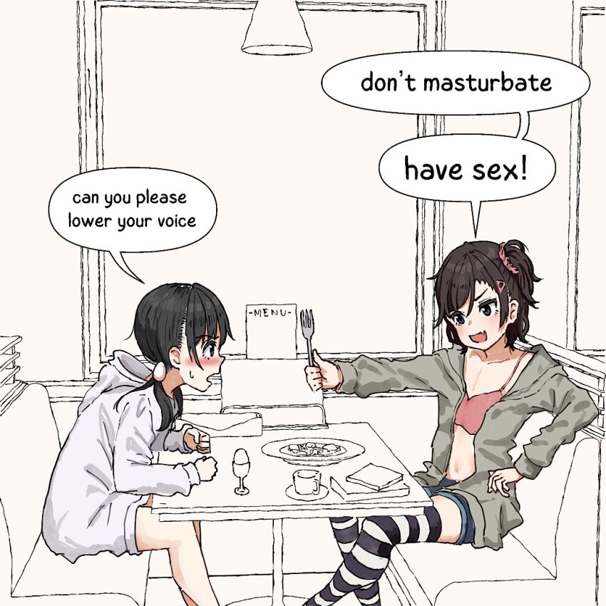 2girls aiu404l artist_self-insert black_hair black_stripes blush bra collarbone denim denim_shorts diner egg_(aiu404l) egg_hair_ornament english_text fang food-themed_hair_ornament fork grey_eyes grey_hoodie hair_ornament hairclip holding holding_fork hood hood_down hoodie indoors long_sleeves looking_at_viewer low_twintails midriff multiple_girls open_mouth original pink_bra scrunchie short_twintails shorts side_ponytail sitting skin_fang smile speech_bubble standing striped_clothes striped_thighhighs sweat thighhighs twintails underwear white_hoodie white_stripes