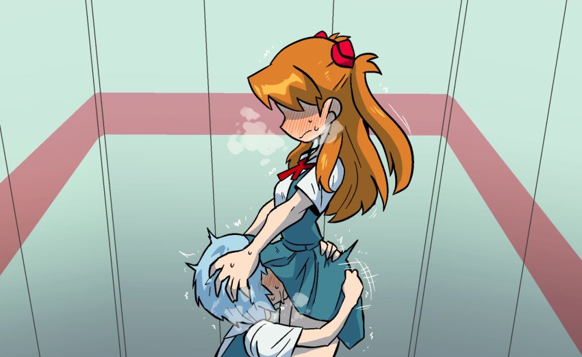 1futa 1girl arm_around_waist ayanami_rei blue_dress blue_hair blush brown_hair curvy dress elevator fellatio from_side full-face_blush futa_with_female futanari hands_on_another&#039;s_head headgear heavy_breathing highres hug_and_suck irrumatio long_hair moaning motion_lines neon_genesis_evangelion oral rariatto_(ganguri) school_uniform shaded_face shirt short_sleeves souryuu_asuka_langley trembling twintails two_side_up white_shirt
