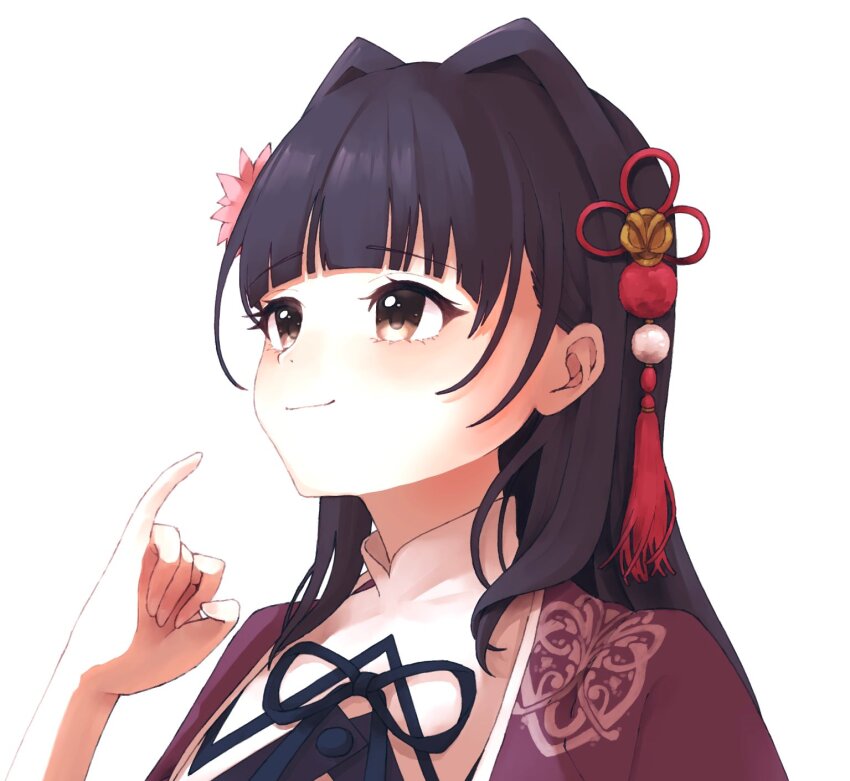 1girl amahara_nue assault_lily black_hair black_ribbon blunt_bangs brown_eyes closed_mouth commentary flower hair_flower hair_intakes hair_ornament hand_up hanten_(clothes) highres jacket kurokawa_nadi_hanna light_blush light_smile long_hair looking_away neck_ribbon open_clothes open_jacket pink_flower pinky_out portrait purple_jacket ribbon school_uniform simple_background solo tassel tassel_hair_ornament white_background yurigaoka_girls_academy_school_uniform