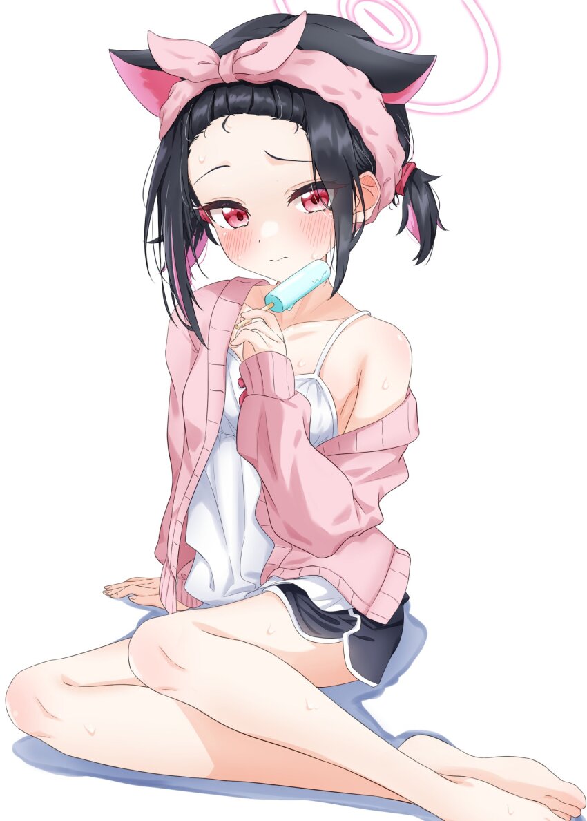 1girl 3: alternate_costume alternate_hairstyle animal_ears arm_at_side barefoot black_hair black_shorts blue_archive blush bow camisole cardigan casual cat_ears cat_girl closed_mouth collarbone colored_inner_hair commentary_request dolphin_shorts extra_ears eyelashes eyes_visible_through_hair food forehead frown full_body hair_bow hair_slicked_back halo hand_up highres holding holding_food holding_popsicle hot kazusa_(blue_archive) looking_at_viewer multicolored_hair open_cardigan open_clothes pink_bow pink_cardigan pink_hair pink_halo popsicle red_eyes shadow short_hair shorts sidelocks simple_background single_bare_shoulder sitting sleeves_past_wrists solo sweat twintails u9ffo white_background white_camisole yokozuwari