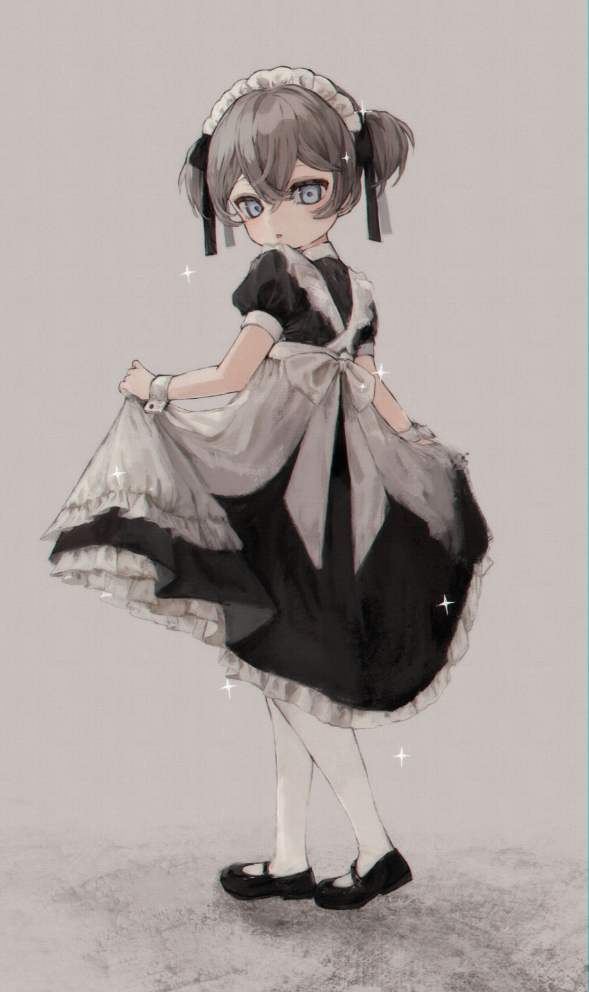 1girl absurdres apron black_dress black_ribbon black_shoes blue_eyes blush child dress expressionless grey_background grey_hair hair_between_eyes hair_ribbon highres looking_at_viewer maid maid_headdress mary_janes original pantyhose parted_lips ribbon shoes short_hair short_sleeves short_twintails skirt_hold solo sparkle tomoja_rs twintails white_apron white_pantyhose wrist_cuffs