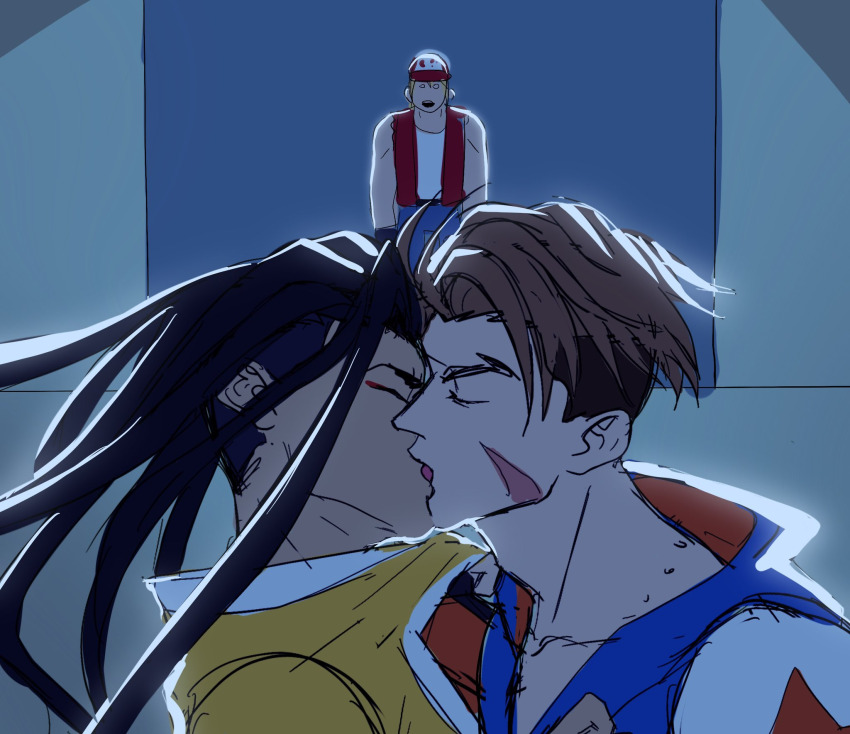 3boys :o bad_tag baseball black_hair blonde_hair closed_eyes crossover facial_scar fatal_fury french_kiss hat highres hood hooded_jacket jacket jamie_siu kiss kumobabe long_hair luke_sullivan male_focus multiple_boys red_hat red_jacket scar scar_on_cheek scar_on_face simple_background street_fighter street_fighter_6 terry_bogard the_king_of_fighters yaoi