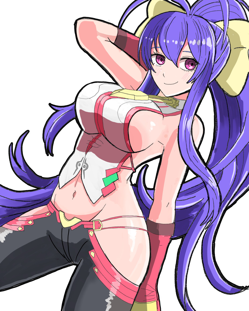1girl absurdres antenna_hair blazblue blazblue:_central_fiction blazblue_variable_heart blue_hair blush bow breasts gloves hair_between_eyes hair_bow halterneck highres hip_vent large_breasts long_hair mai_natsume midriff navel no_bra pants pink_eyes ponytail red_gloves sideboob sidelocks solo weapon yellow_bow