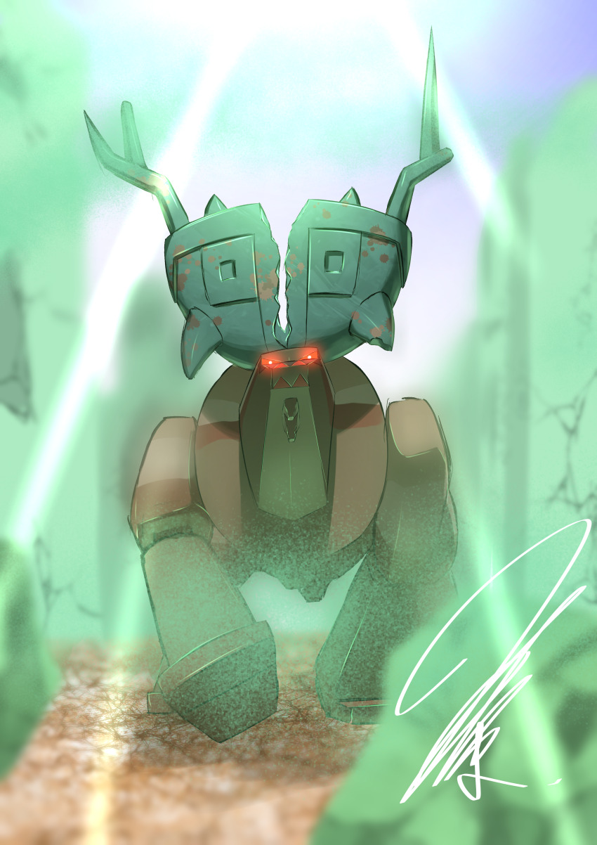 absurdres aura dynamic_pose fog full_body game_freak glowing glowing_eyes green_aura highres horns light_particles light_rays looking_at_viewer menacing mitsukuma448 nintendo no_humans pokemon pokemon_(creature) red_eyes sharp_teeth signature standing teeth ting-lu_(pokemon) walking_towards_viewer