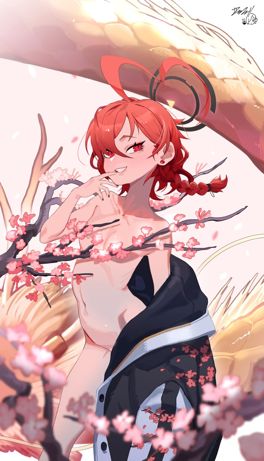 1girl absurdres ahoge blue_archive braid breasts cherry_blossom_print cherry_blossoms convenient_censoring floral_print halo highres huge_ahoge jacket looking_at_viewer midriff mole mole_under_eye naked_jacket navel neru_(blue_archive) orange_hair red_eyes red_hair shimiya_jin single_braid small_breasts solo sukajan