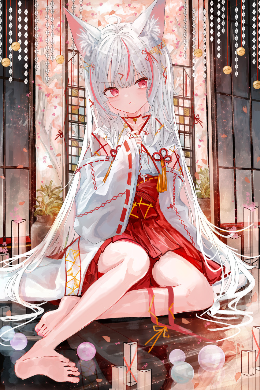 :&lt; absurdres ahoge aiu_. animal_ear_fluff animal_ears barefoot bell blush collarbone fox_ears fox_girl full_body highres japanese_clothes long_hair neck_bell nontraditional_miko original red_eyes red_streaks reflection toes very_long_hair white_hair