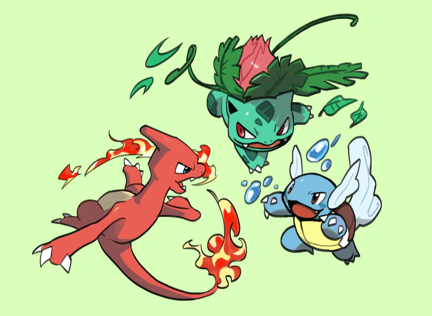 :d brown_eyes charmeleon claws fangs fire flame-tipped_tail gen_1_pokemon green_background highres ivysaur kochi8i leaf nintendo no_humans open_mouth plant pokemon pokemon_(creature) red_eyes simple_background smile starter_pokemon_trio tail tongue vines wartortle