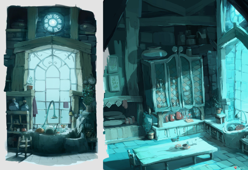 architecture artist_name aymeric_kevin building chair commentary english_commentary fantasy faucet house indoors jar kitchen lamp night no_humans original plant potted_plant pottery scenery shelf sink table window