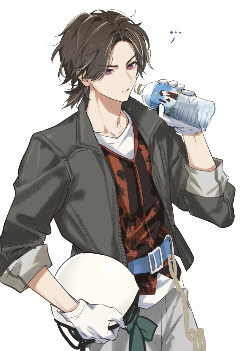 1boy animal_ears armor azuma_michinaga black_bodysuit black_hair black_jacket black_pants black_vest bodysuit bottle bow bowtie breastplate construction construction_worker cropped_legs doran_(doran7280) dress_pants dress_shirt dual_persona fingernails formal_clothes fox_ears gloves green_jacket hand_up hard_hat helmet highres holding holding_sword holding_weapon horns jacket jewelry kamen_rider kamen_rider_geats_(series) khakis kitsune long_fingernails magnum_boost male_focus mask necklace outstretched_arm over_shoulder pants print_vest purple_eyes purple_scarf raise_buckle sash scarf sharp_fingernails shirt short_hair shoulder_armor shoulder_spikes simple_background sleeves_rolled_up spikes suit sword tokusatsu ukiyo_ace vest water water_bottle weapon white_background white_gloves white_sash white_scarf white_shirt working x_x