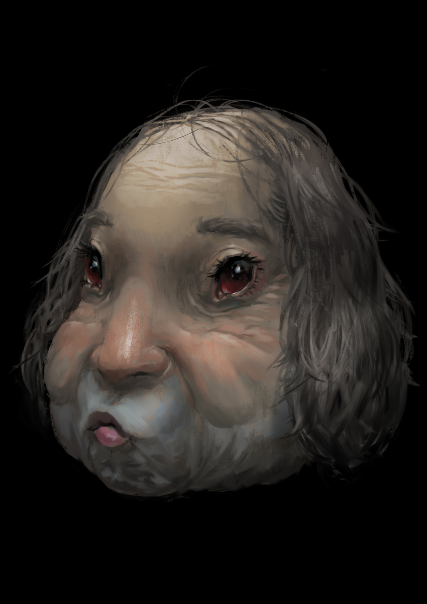 1other absurdres balding black_background chinese_zodiac grey_hair head_only highres jonpei original puckered_lips rabbit red_eyes simple_background solo what year_of_the_rabbit