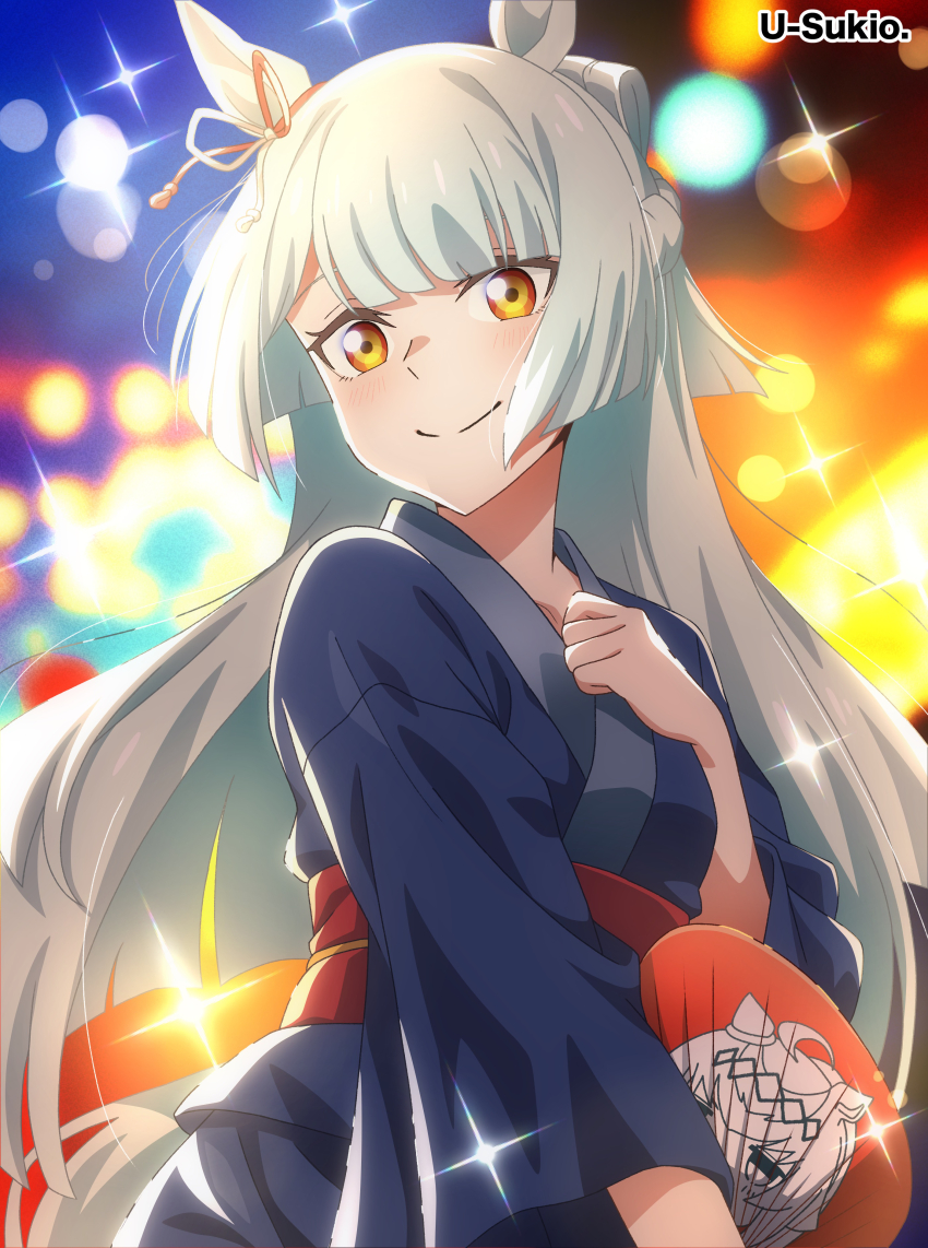 1girl absurdres animal_ears artist_name blue_pants blue_shirt blunt_ends blurry bokeh bow braid character_print closed_mouth commentary crown_braid depth_of_field ear_ribbon fujimasa_march_(umamusume) half_updo hand_fan hand_on_own_chest highres holding holding_fan horse_ears horse_girl horse_tail japanese_clothes long_hair long_sleeves looking_at_viewer oguri_cap_(umamusume) pants paper_fan red_sash sash shirt smile solo sparkle standing straight_hair tail u-sukio. umamusume umamusume:_cinderella_gray yellow_eyes