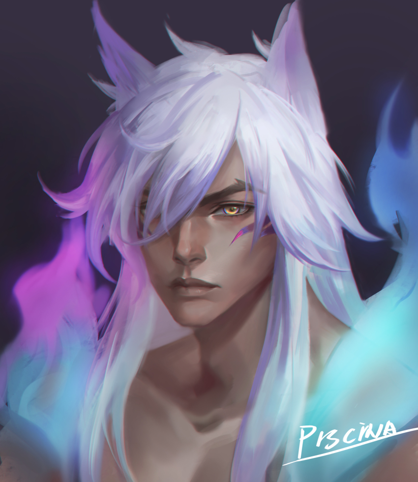 1boy absurdres artist_name black_background closed_mouth collarbone facial_mark hair_over_one_eye highres league_of_legends long_hair male_focus multicolored_hair pink_hair piscina portrait sett_(league_of_legends) solo spirit_blossom_sett two-tone_hair whisker_markings white_hair yellow_eyes